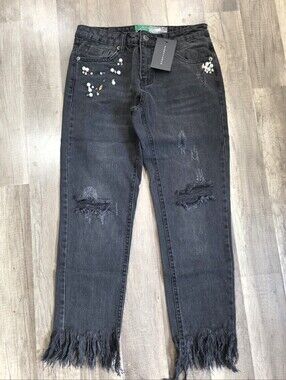 Pearl Crystals Embellished Black Distressed Women’s Jeans Ankle Fray Stretch Y2K